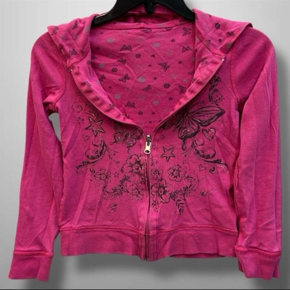 Y2K 00s Reversible Pink Butterfly Floral Hoodie Girls Size 8 Zip Up Hooded Sweat